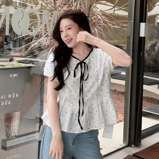 Áo Babydoll Nữ Chấm Bi Tay Bồng Cổ Tròn Viền Đen Thắt Nơ Xinh Xắn Dáng Xòe Tiểu Thư Hàn Quốc