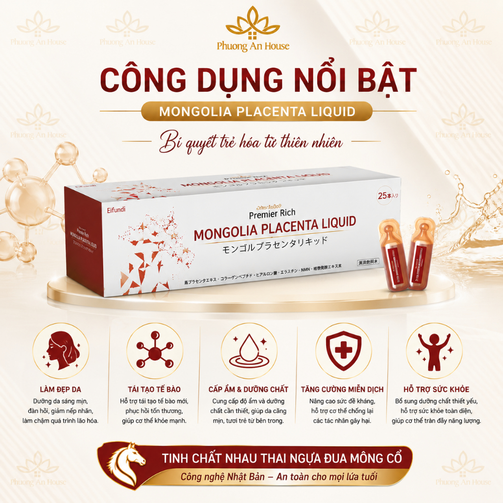 Nước uống nhau thai ngựa Mongolia Placenta Liquid trắng da