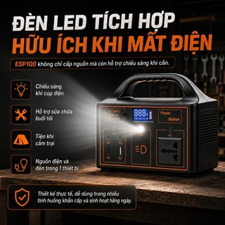 Trạm Điện Mini 100W Cho Gia Đình Cắm Trại, Ổ Cắm AC 220V, USB Type-C Sạc iPhone, Đèn LED Siêu Sáng – Pin Bền, Free Ship