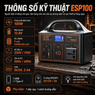 Trạm Điện Mini 100W Cho Gia Đình Cắm Trại, Ổ Cắm AC 220V, USB Type-C Sạc iPhone, Đèn LED Siêu Sáng – Pin Bền, Free Ship