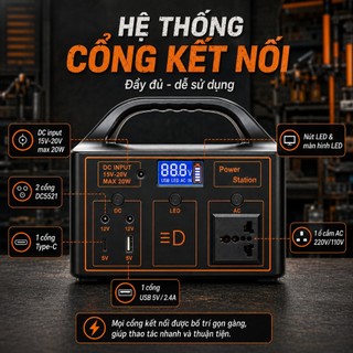Trạm Điện Mini 100W Cho Gia Đình Cắm Trại, Ổ Cắm AC 220V, USB Type-C Sạc iPhone, Đèn LED Siêu Sáng – Pin Bền, Free Ship