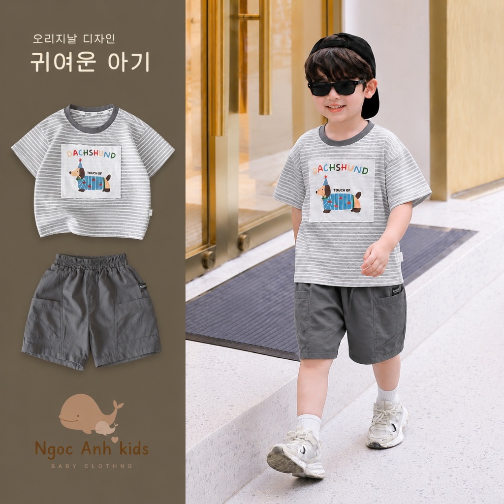 Bộ cotton kẻ in hình chú chó tính nghịch, bô thun áo cotton quần kaki cá tính cho bé trai