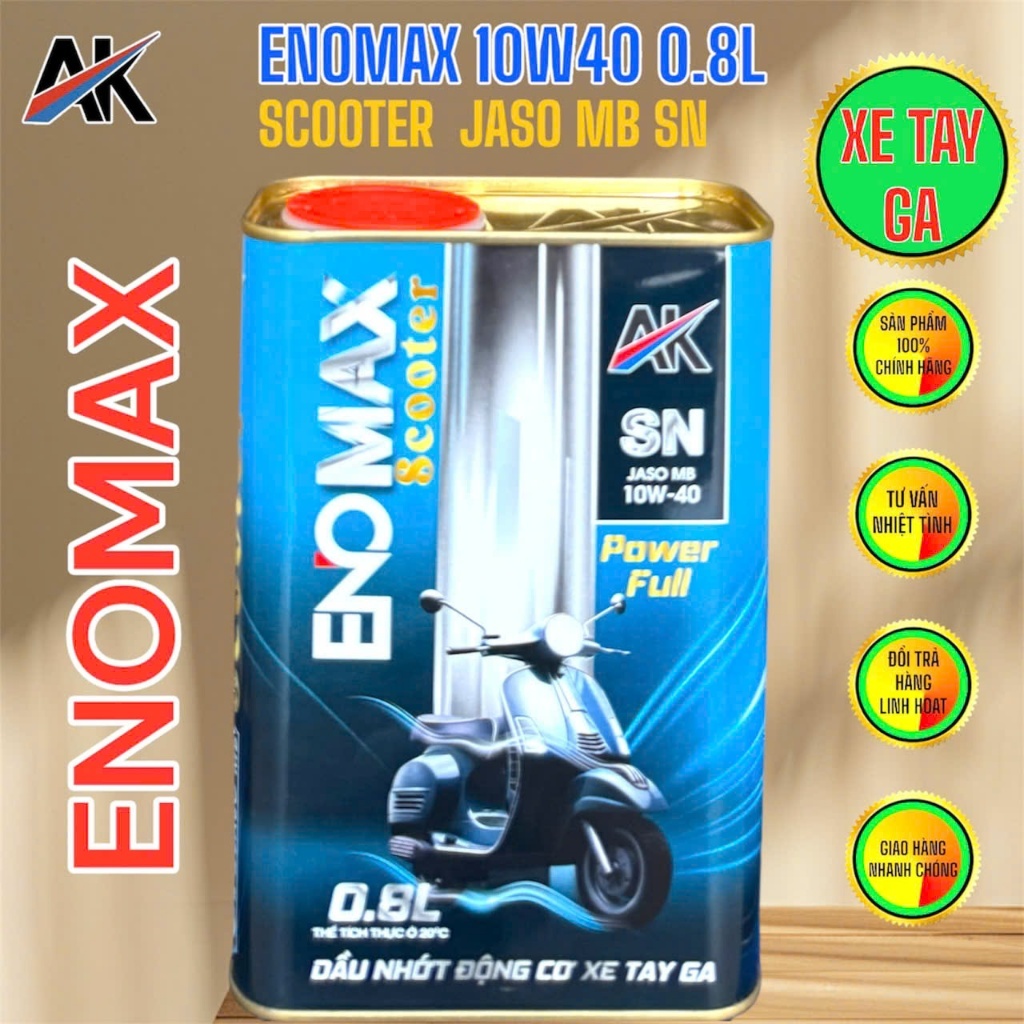 Dầu Nhớt Xe Tay Ga AK LUBE ENOMAX Scooter 10W40 API SN 0.8L – Nhớt 4T Cho Xe Ga Giúp Máy Êm, Giảm Hao Mòn, Tiết Kiệm Nhi