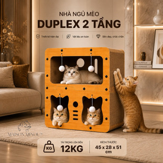 Nhà ngủ biệt thự 2 tầng cho mèo kết hợp bàn cào móng đa năng màu gỗ sồi