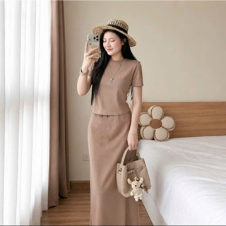 Set Áo cộc tay kết hợp chân váy chữ A size 42-58kg chất thun tăm mềm mại co giãn thoải mái form rộng thít eo tôn dáng