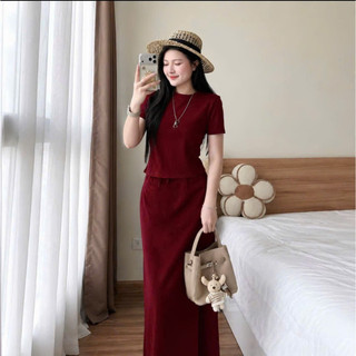 Set Áo cộc tay kết hợp chân váy chữ A size 42-58kg chất thun tăm mềm mại co giãn thoải mái form rộng thít eo tôn dáng