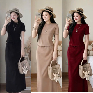 Set Áo cộc tay kết hợp chân váy chữ A size 42-58kg chất thun tăm mềm mại co giãn thoải mái form rộng thít eo tôn dáng