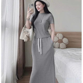 Set Áo cộc tay kết hợp chân váy chữ A size 42-58kg chất thun tăm mềm mại co giãn thoải mái form rộng thít eo tôn dáng