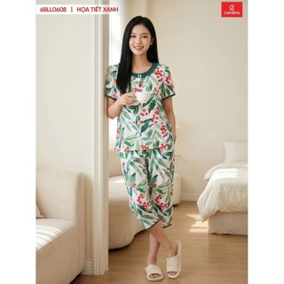 6BLL06 Bộ đồ mặc nhà nữ CARDINA chất liệu lanh áo cộc phối gấu và quần lửng 6BLL06