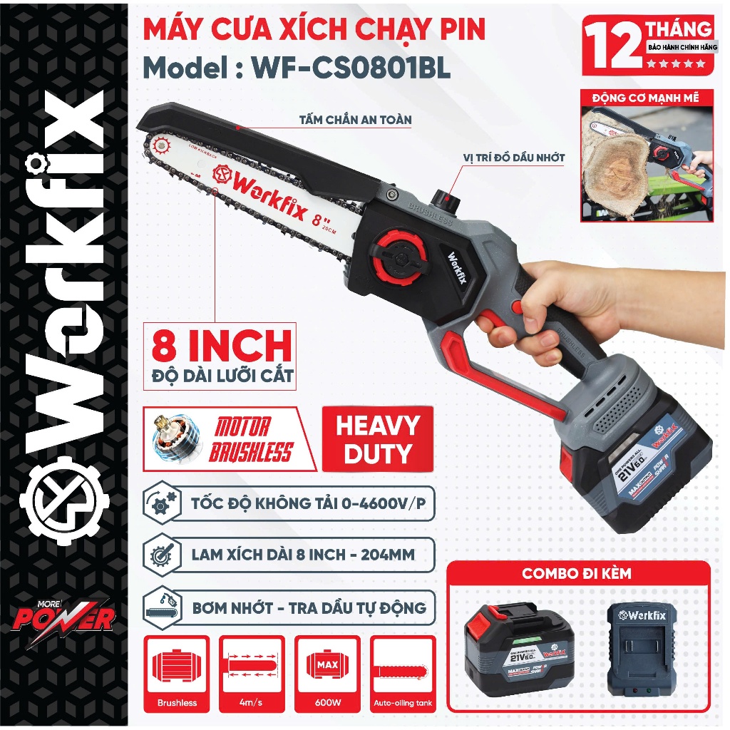 Máy cưa xích dùng pin Workfix WF-CS0801BL, Lam xích dài 8inch, Tra nhớt tự động - Chân pin phổ thông