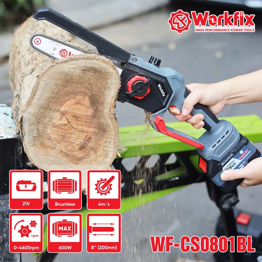 Máy cưa xích dùng pin Workfix WF-CS0801BL, Lam xích dài 8inch, Tra nhớt tự động - Chân pin phổ thông