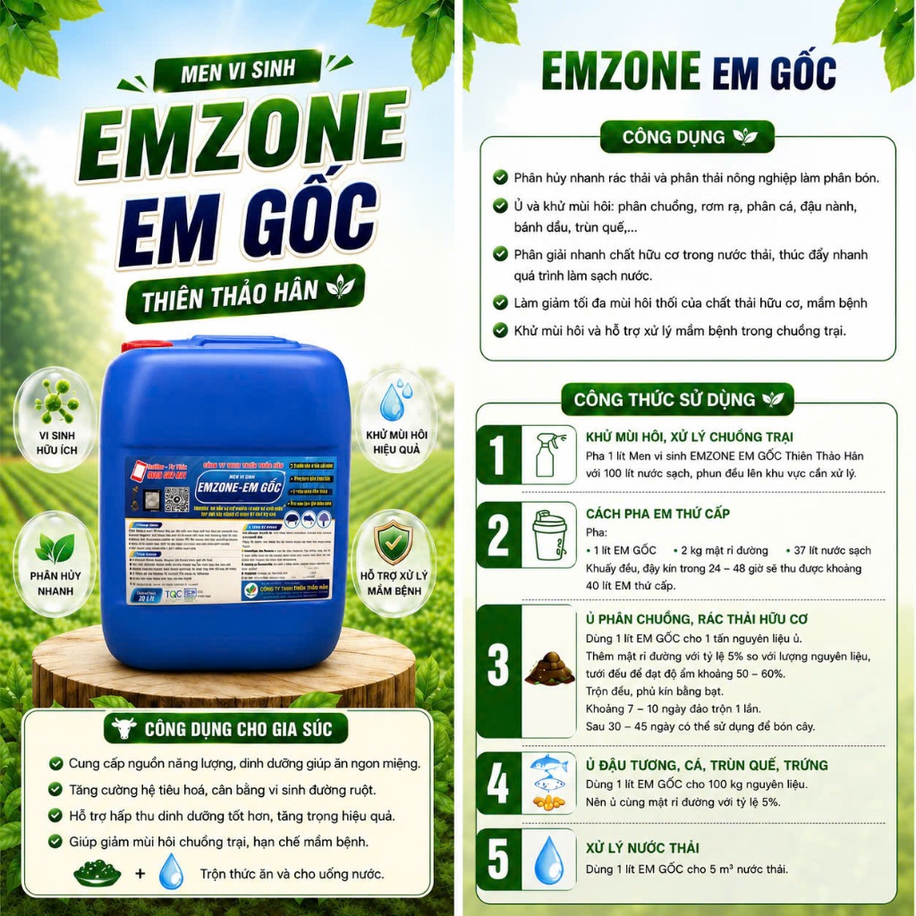 Men vi sinh EMZONE - EM GỐC, ủ phân hữu cơ làm phân bón. men khử mùi hôi. Can 20L
