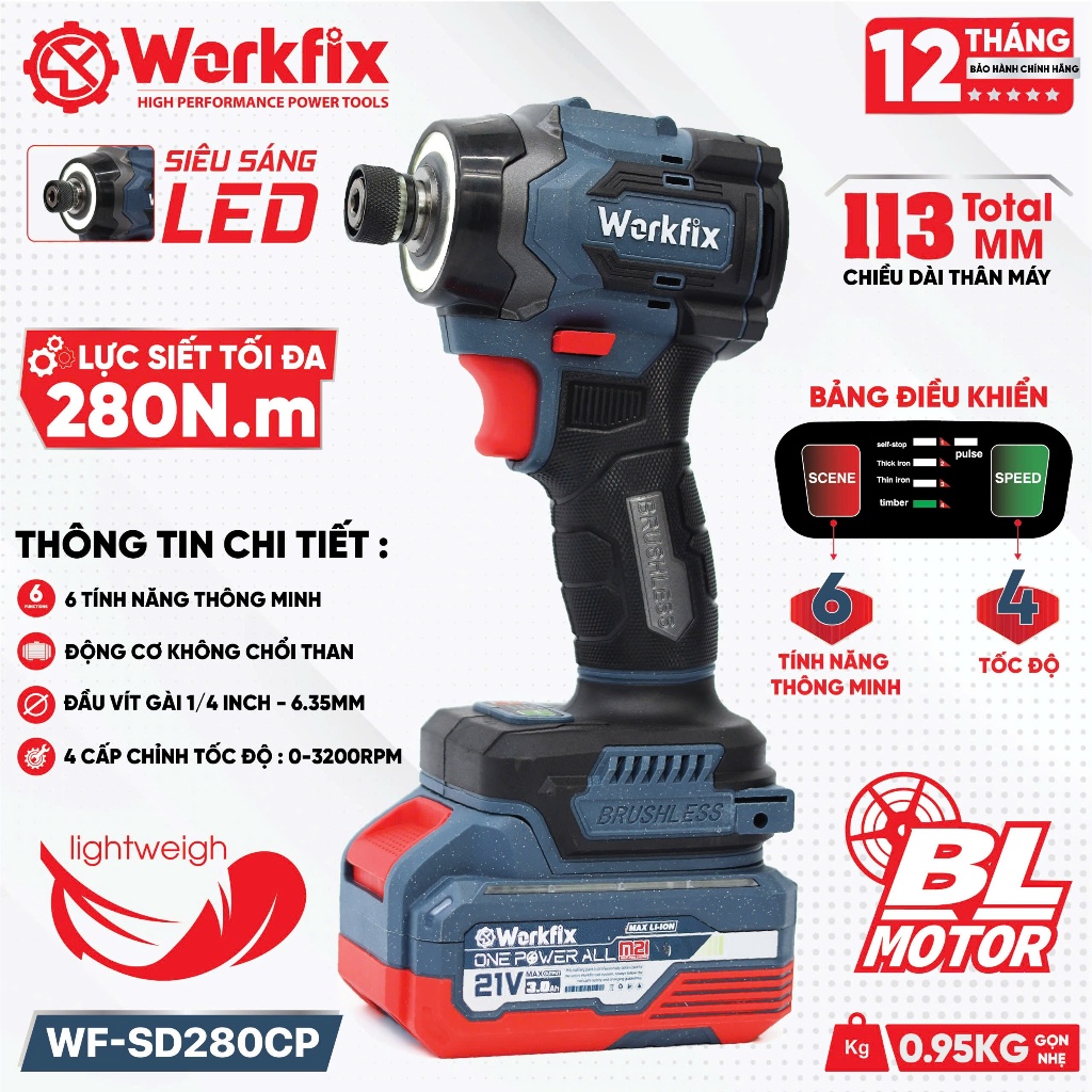 Máy chuyên vít búa WORKFIX WF-SD280CP, Lực siết 280N, 4 Tính năng 4 Cấp chỉnh tốc, Đèn LED siêu sáng