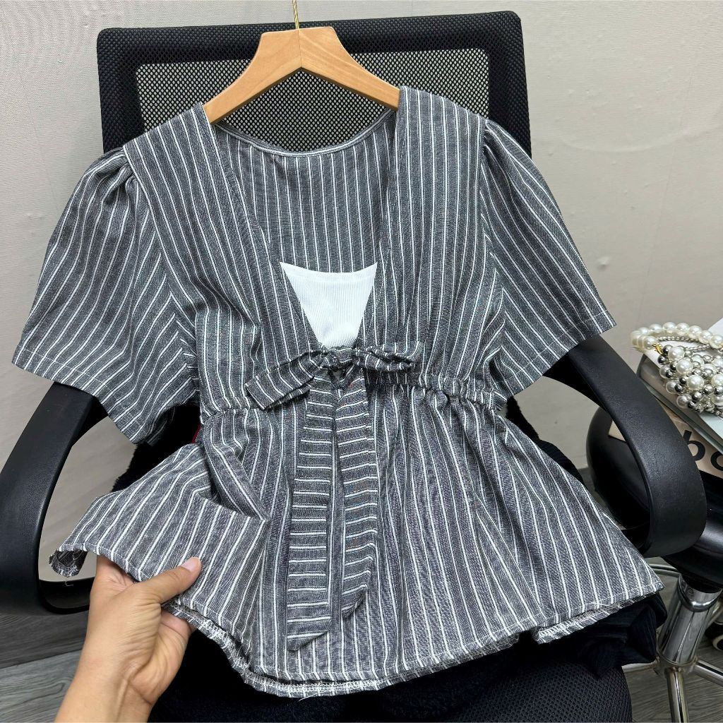 Áo Kiểu Bigsize Nữ Kẻ Sọc Thắt Nơ Ngực Tay Phồng Che Bụng Size Lớn 58-92kg A360