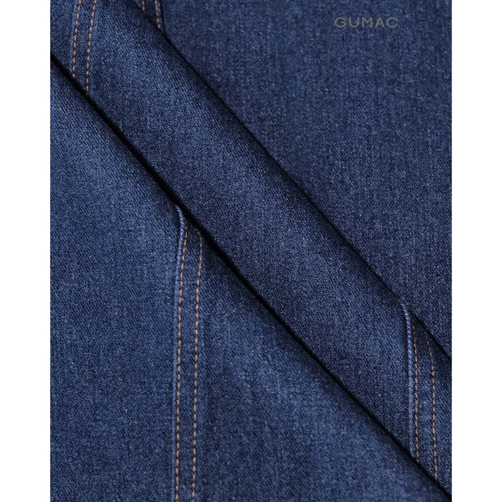 Chân váy jeans GUMAC - Gmorning denim form A midi cách điệu thân trước có túi hàm ếch YVJG04010