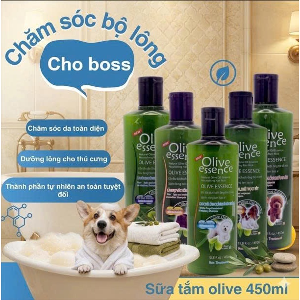 Sữa tắm OLIVE cho chó mèo, sữa tắm cho chó ngừa ve rận khử mùi olive essence  chai 450ml