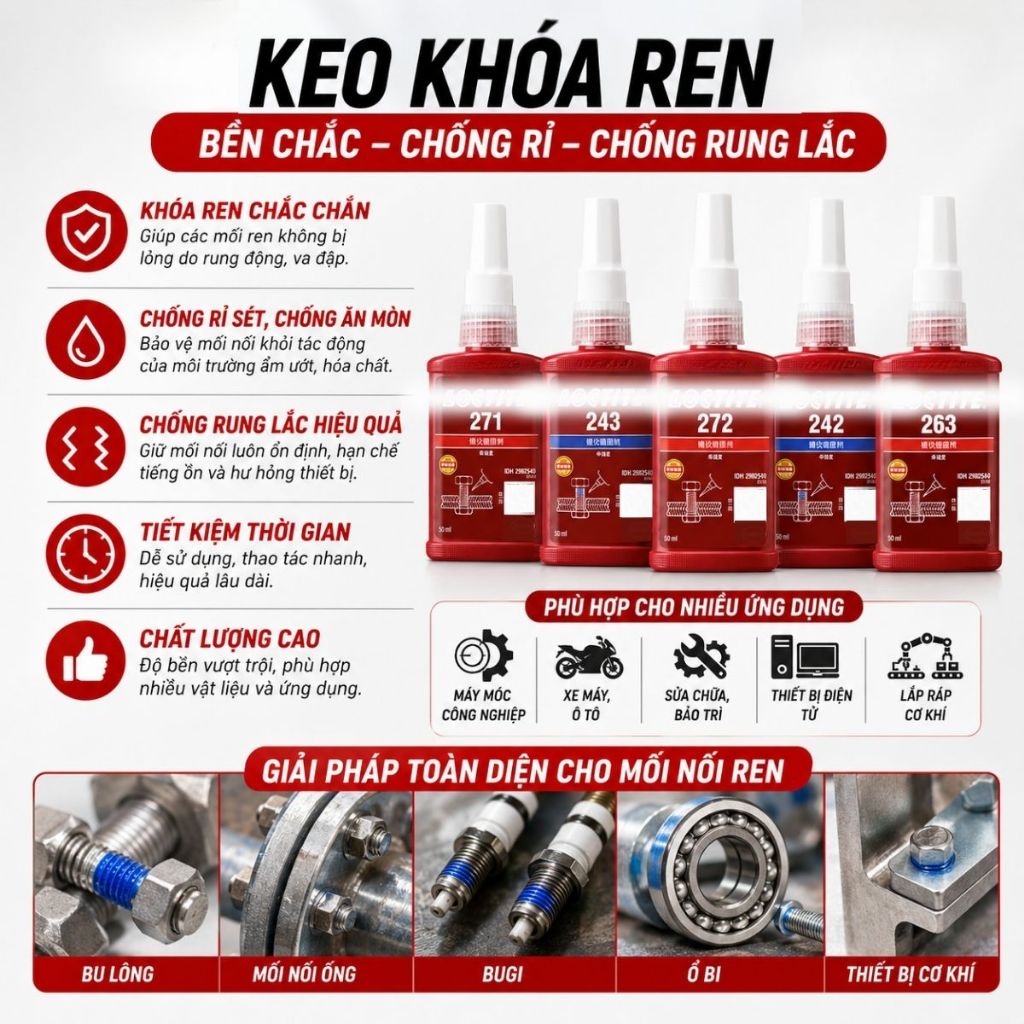 Keo khóa ren kim loại Loc ti te 242 243 271 272 263 cố định chống xoay ốc vít tuýp 50ml