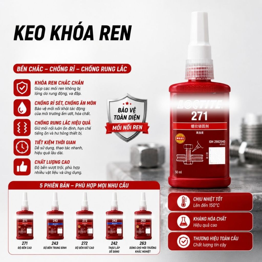 Keo khóa ren kim loại Loc ti te 242 243 271 272 263 cố định chống xoay ốc vít tuýp 50ml