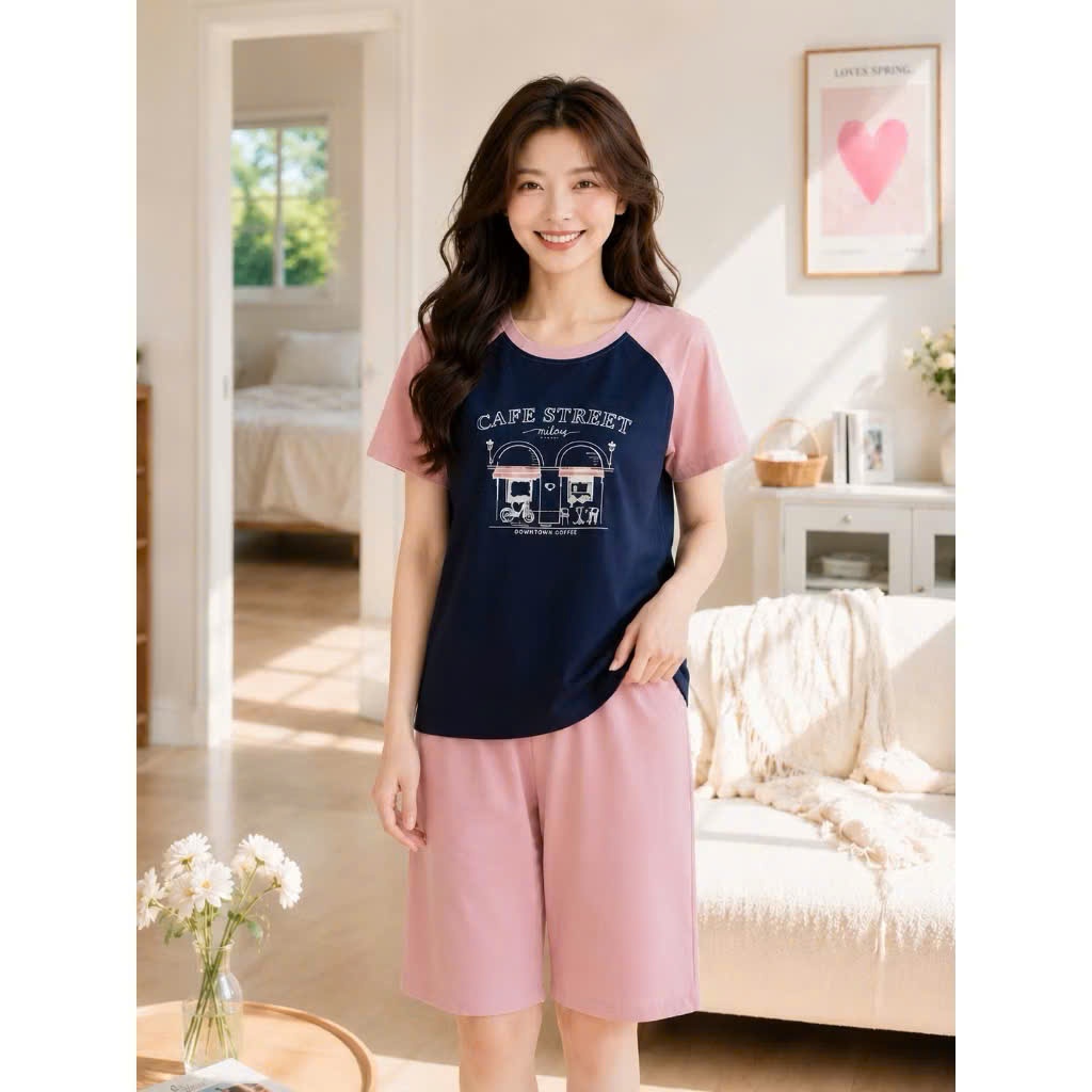 ST9344 Đồ bộ mặc nhà nữ cotton compact áo cộc quần ngố