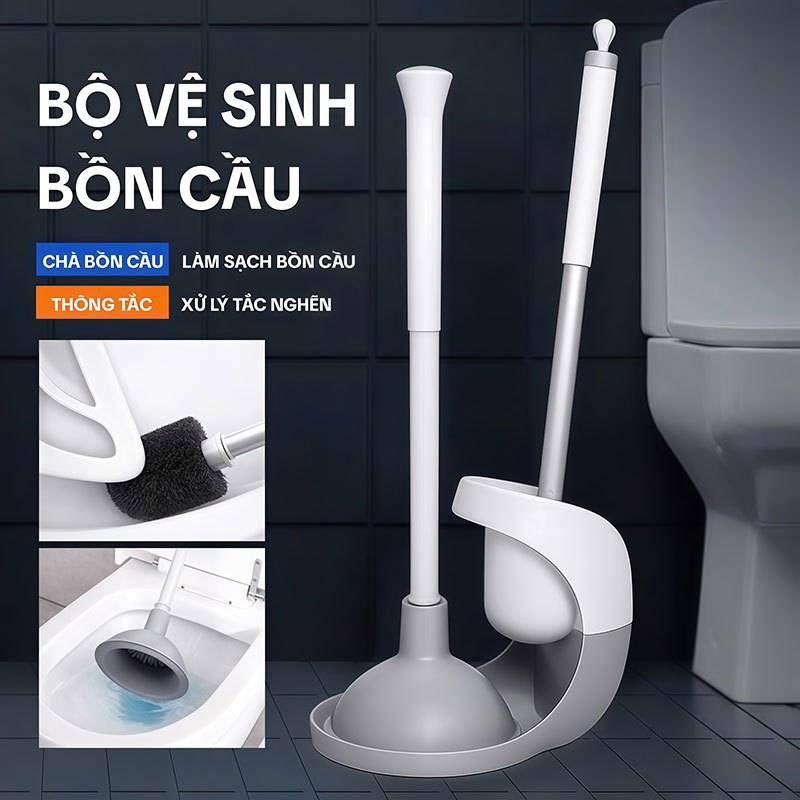Bộ Vệ Sinh Bồn Cầu 2 Trong 1 KITIMOP TL04 - Cọ Chà Bồn Cầu + Cây Thông Tắc Cao Su Kèm Giá Đỡ