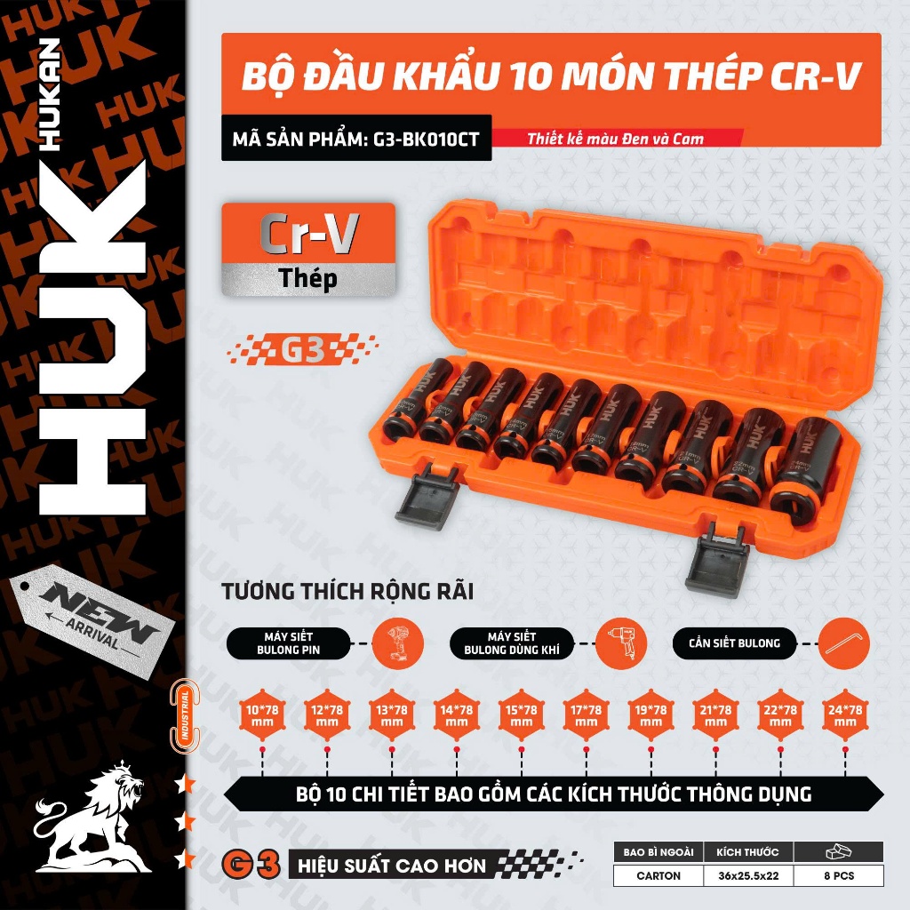 Bộ Đầu Khẩu Siết Bulong HUKAN G3-BK010CT |10 Món Thép CR-V 1/2 Inch Chuyên Dụng Cho Máy Siết Bulong Bền Bỉ