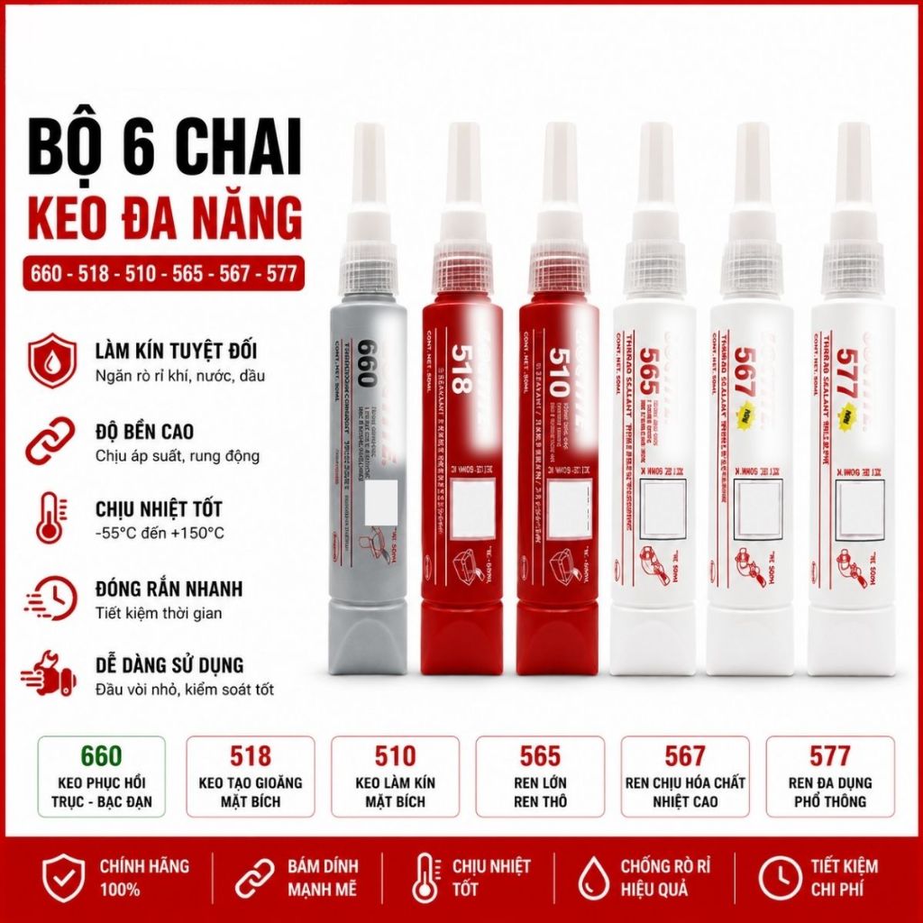 Keo Loc ti te làm kín ren ống kim loại chịu nhiệt độ cao 565 567 577 660 518 510 tuýp 50ml