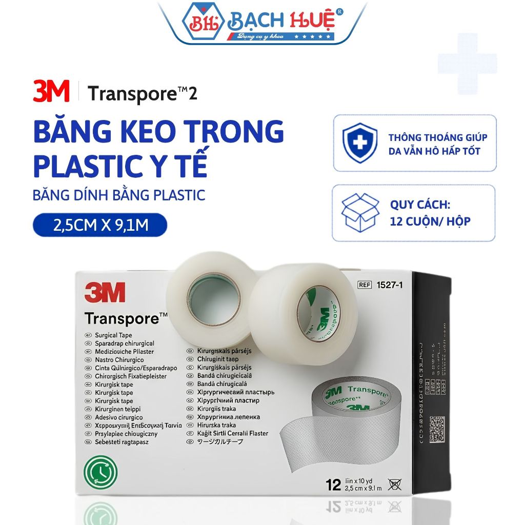 Hộp 12 Cuộn Băng Keo Y Tế 3M Transpore 1527-1 – băng dính y tế plastic trong suốt 2.5cm x 9.1m