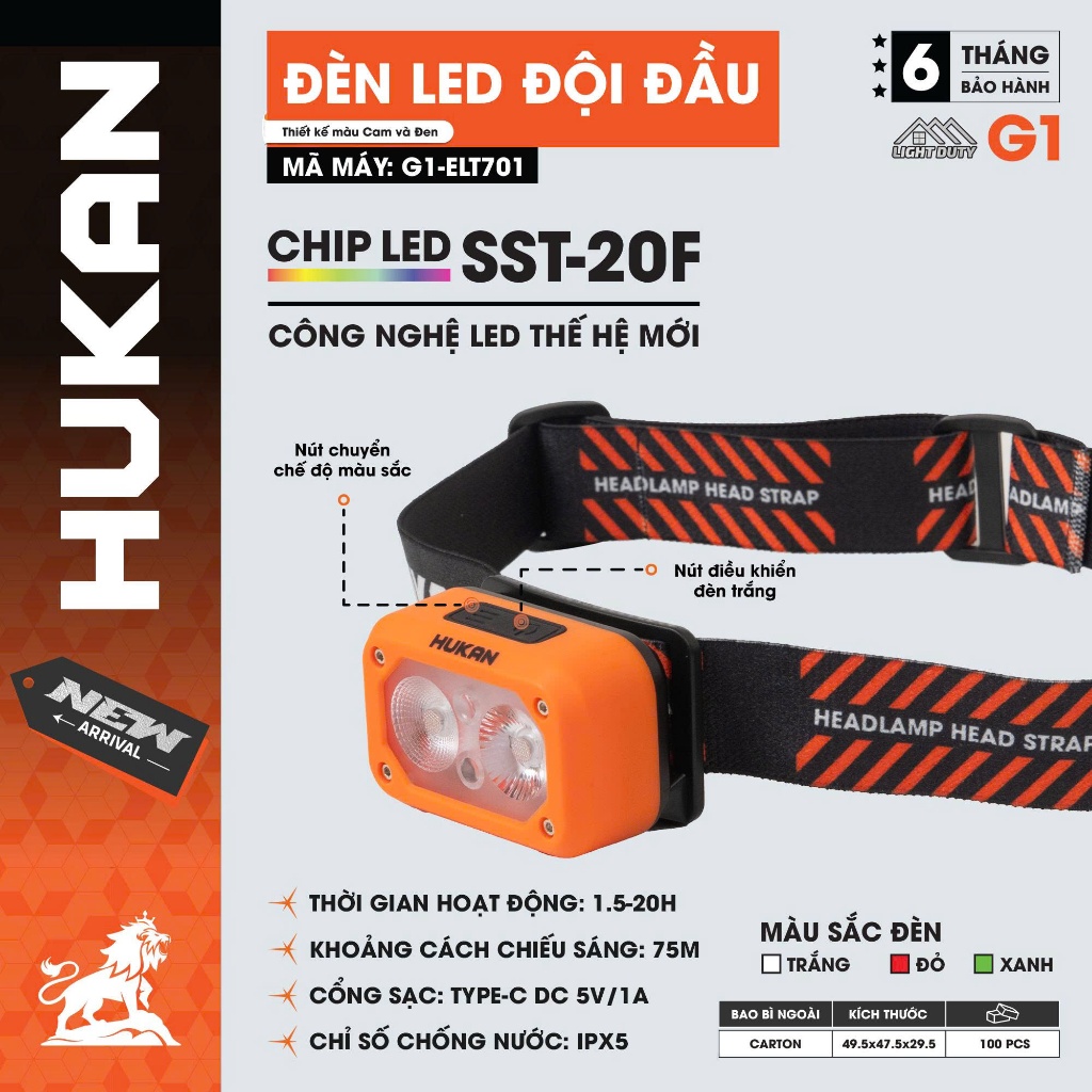 Đèn Pin Đội Đầu HUKAN G1-ELT701 | Chip LED SST-20F | Siêu Sáng - 75M - Type-C - IPX5 | 3 Màu Ánh Sáng | Chống Nước