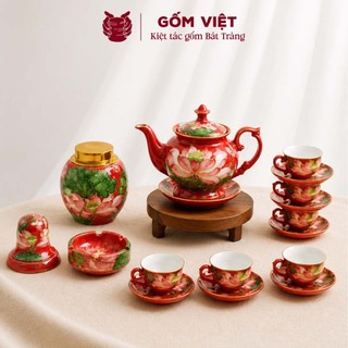 Bộ ấm chén vân đá dáng cát tường đắp nổi đài sen viền vàng kim - Gốm sứ Bát Tràng - Gốm Việt