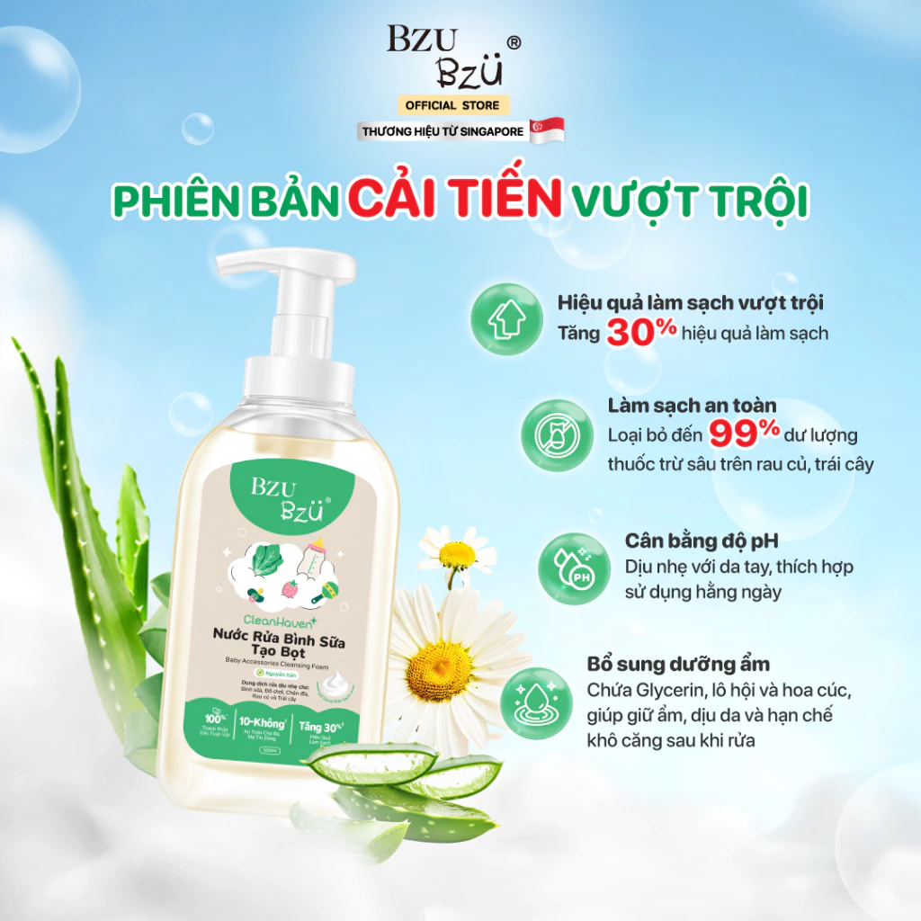 [PHIÊN BẢN MỚI] Nước Rửa Bình Sữa Bzu Bzu Không Mùi  - Chai 500ml Chiết Xuất Hữu Cơ Cho Bé - Cocoro Baby