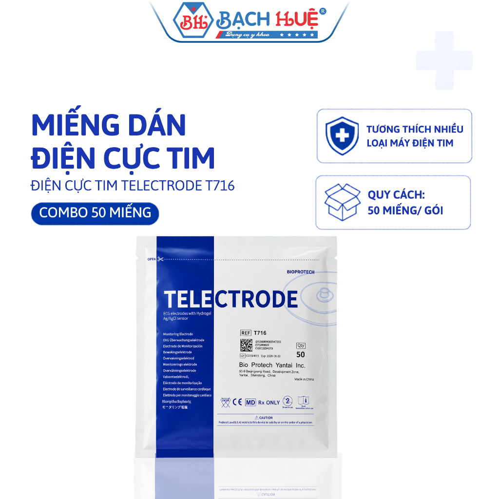 Miếng Dán Điện Cực Tim Telectrode T716 (Bịch 50 Miếng) – Điện Cực Máy Điện Tim ECG Electrode Cao Cấp