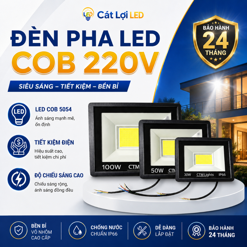 Đèn Pha Led Siêu Sáng CTMLights, Đèn Led COB 30W 50W 100W Ngoài Trời IP66 Rọi Biển Hiệu, Sân Vườn