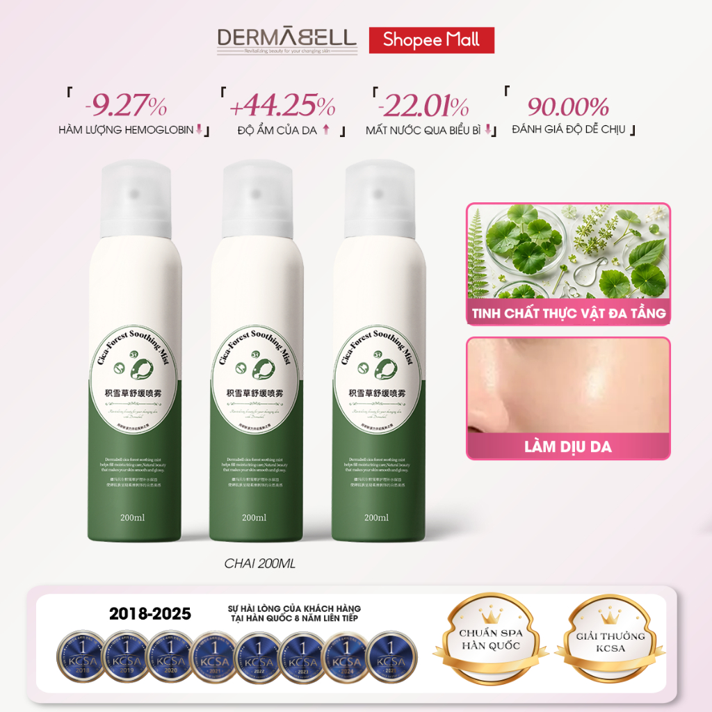 Xịt Khoáng Rau Má DERMABELL Chiết Xuất Rau Má, Phục Hồi, Làm Dịu Da Cica Forest Soothing Mist 200ml