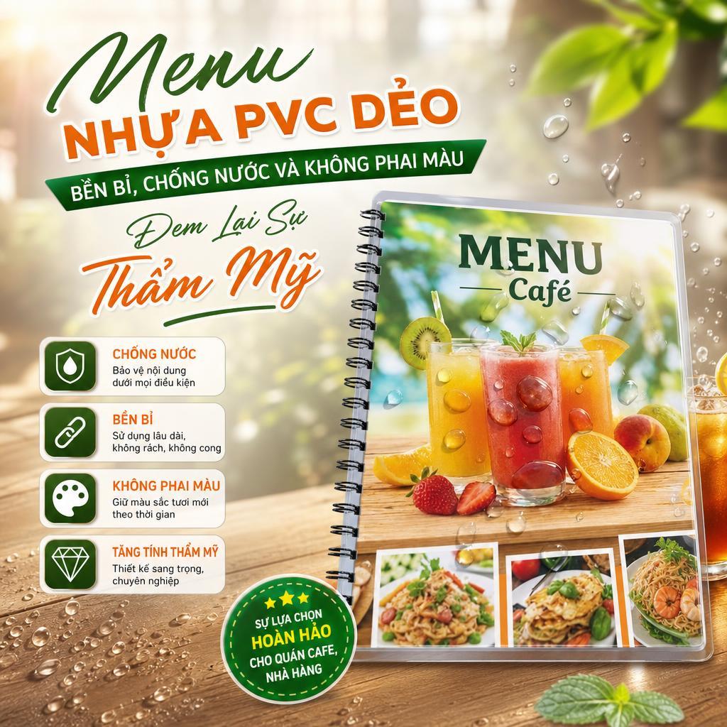 Menu Nhựa PVC Cao Cấp Cho Quán Ăn, Cafe – Chống Nước 100%, Màu Sắc Sắc Nét, Thẩm Mỹ Cao