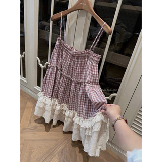 •𝙆𝙞𝙣𝙜𝙨𝙝𝙤𝙥𝙗𝙚𝙖𝙪𝙩𝙮•Váy Kẻ Hồng Phối Chân Ren QC