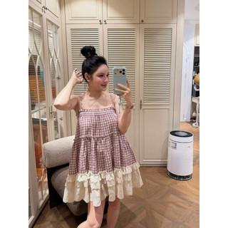•𝙆𝙞𝙣𝙜𝙨𝙝𝙤𝙥𝙗𝙚𝙖𝙪𝙩𝙮•Váy Kẻ Hồng Phối Chân Ren QC