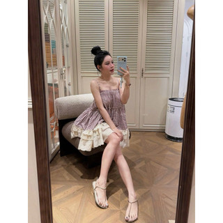 •𝙆𝙞𝙣𝙜𝙨𝙝𝙤𝙥𝙗𝙚𝙖𝙪𝙩𝙮•Váy Kẻ Hồng Phối Chân Ren QC