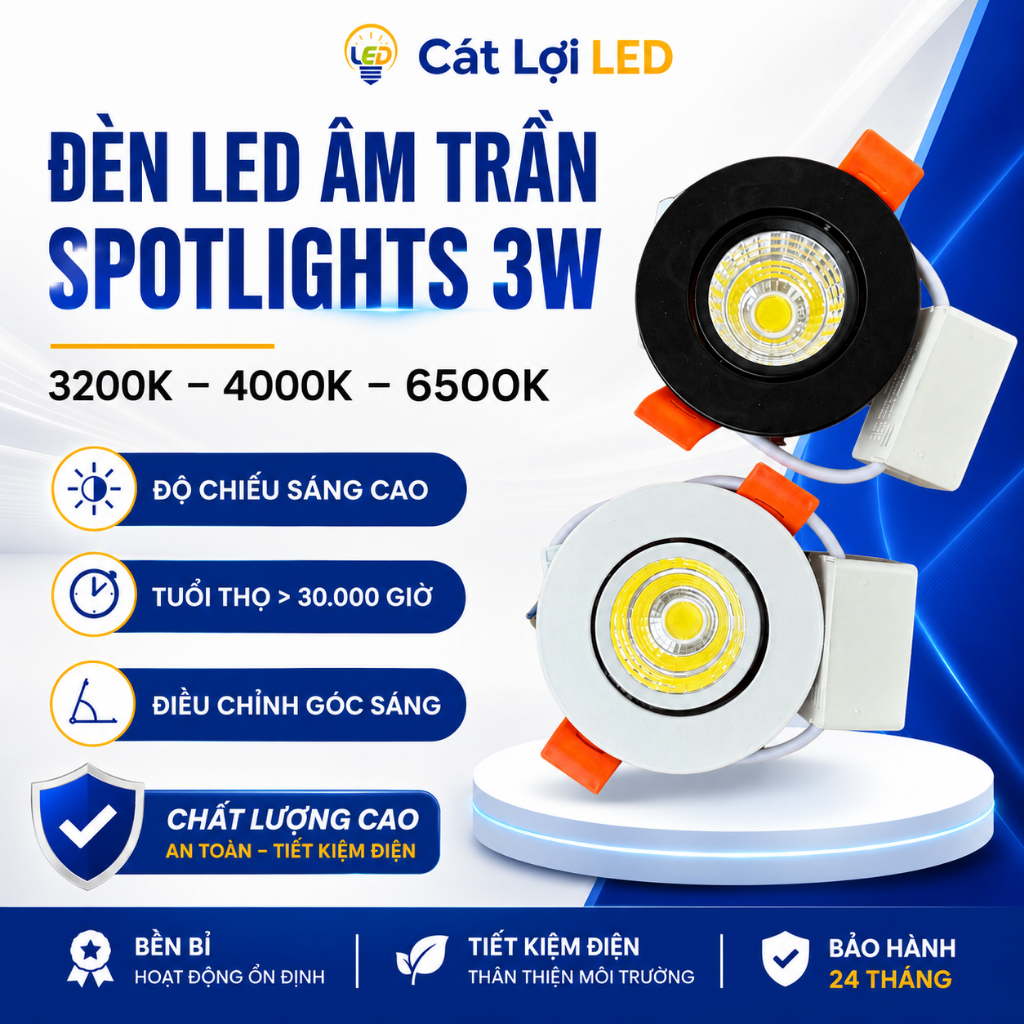 Đèn Âm Trần Spotlight 3W Xoay Góc Thiết Kế Nhỏ Gọn Chiếu Sáng Linh Hoạt, Loại Đèn LED Rọi Chiếu Điểm CRI > 98