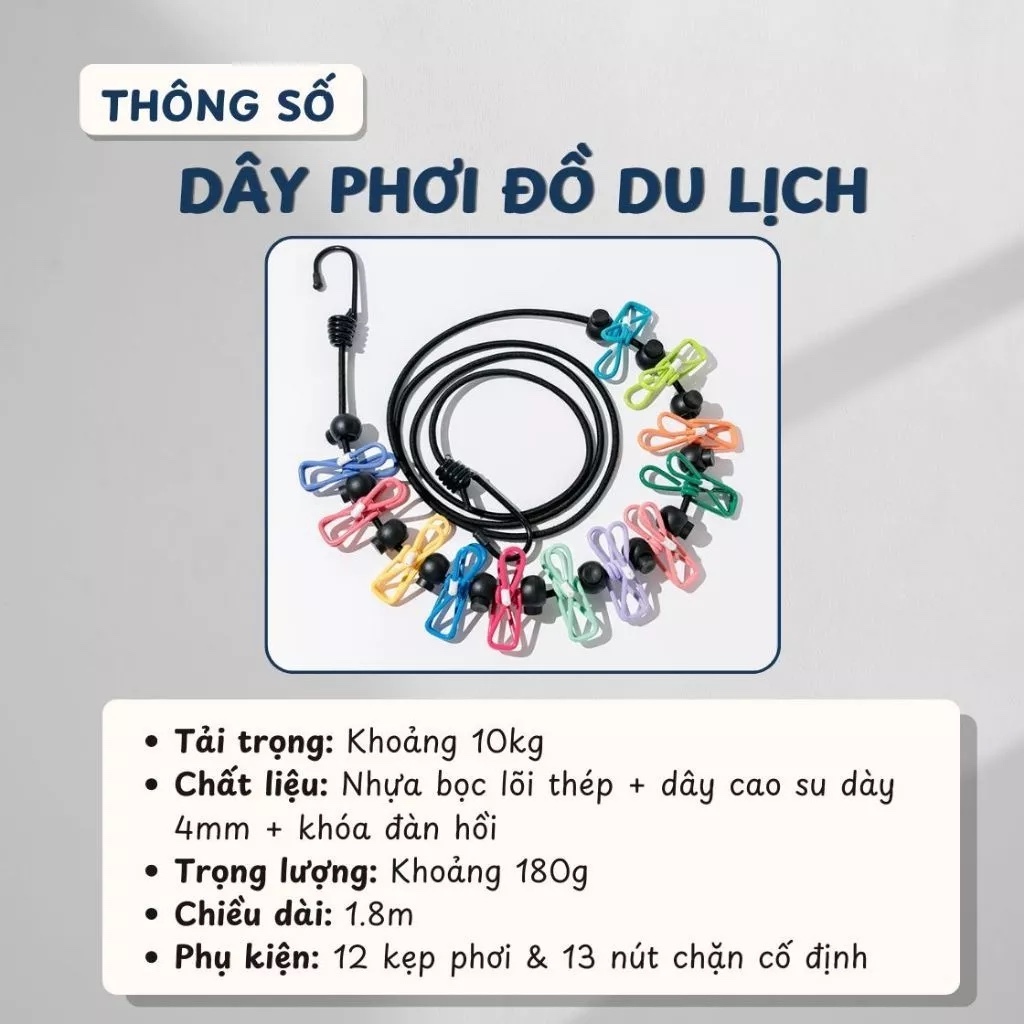 Dây Phơi Quần Áo Di Động, Thiết Kế Co Giãn, Có 12 Kẹp Giữ Chắc, Phù Hợp Du Lịch & Dã Ngoại