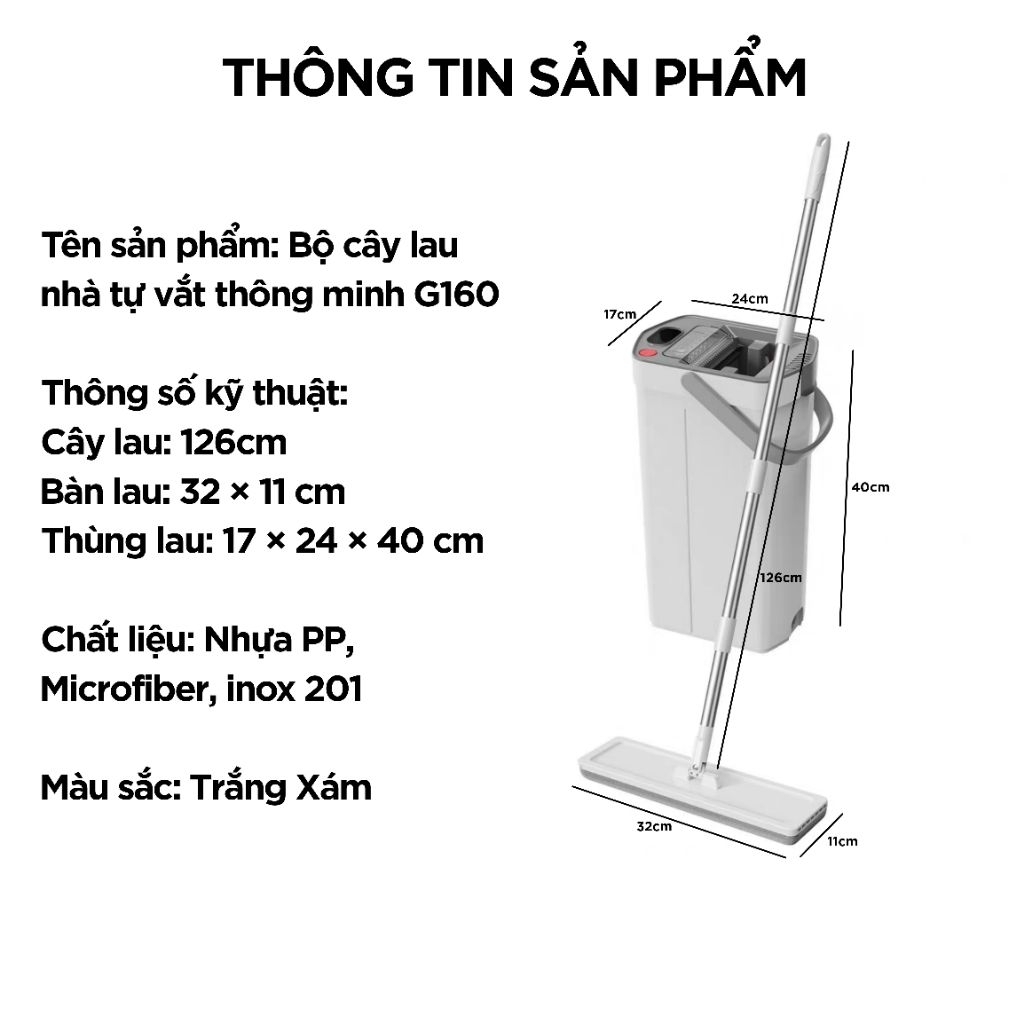 Cây lau nhà vắt phẳng tách nước bẩn thông minh bộ cây lau nhà tự vắt thông minh tách nước bẩn riêng biệt SOJIMOP G160