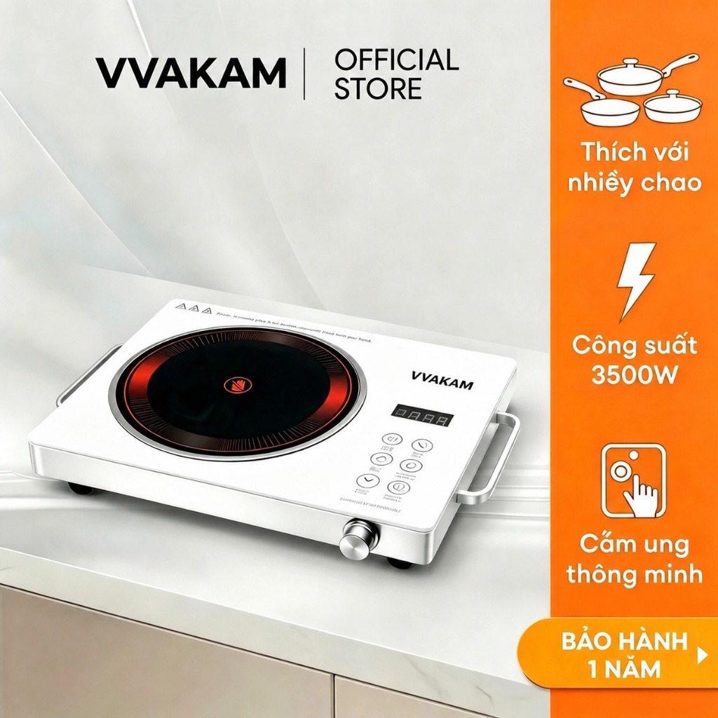 VVAKAM Màu trắng Bếp điện từ mini hồng ngoại Đa Năng Công suất cao 3500W đơn cảm ứng Cảm ứng có đèn LED mặt kính cường