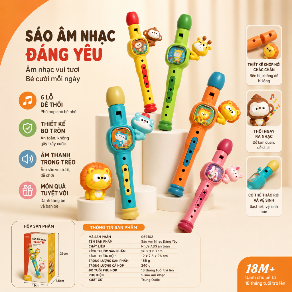 Sáo Âm Nhạc Hoạt Hình Cho Bé, Đồ Chơi Phát Triển Thính Giác, Âm Thanh Trong Trẻo, Chất Liệu ABS An Toàn