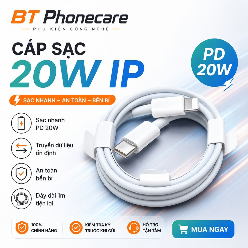 Cáp sạc nhanh USB-C to Lightning PD 20W, dài 1m