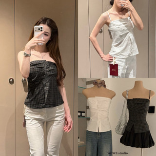 𝐏𝐡𝐢𝐞𝐧 𝐖𝐆𝐖𝐄 | (Sẵn) w9143 Áo 2 Dây Kẻ Caro Cúc Ngực Chun Lưng