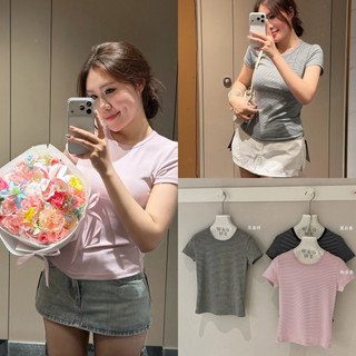 𝐏𝐡𝐢𝐞𝐧 𝐖𝐆𝐖𝐄 | (Sẵn) w9257 Áo Thun Kẻ Nhỏ Cổ Tròn Cộc Tay Form Ôm Hàn Quốc