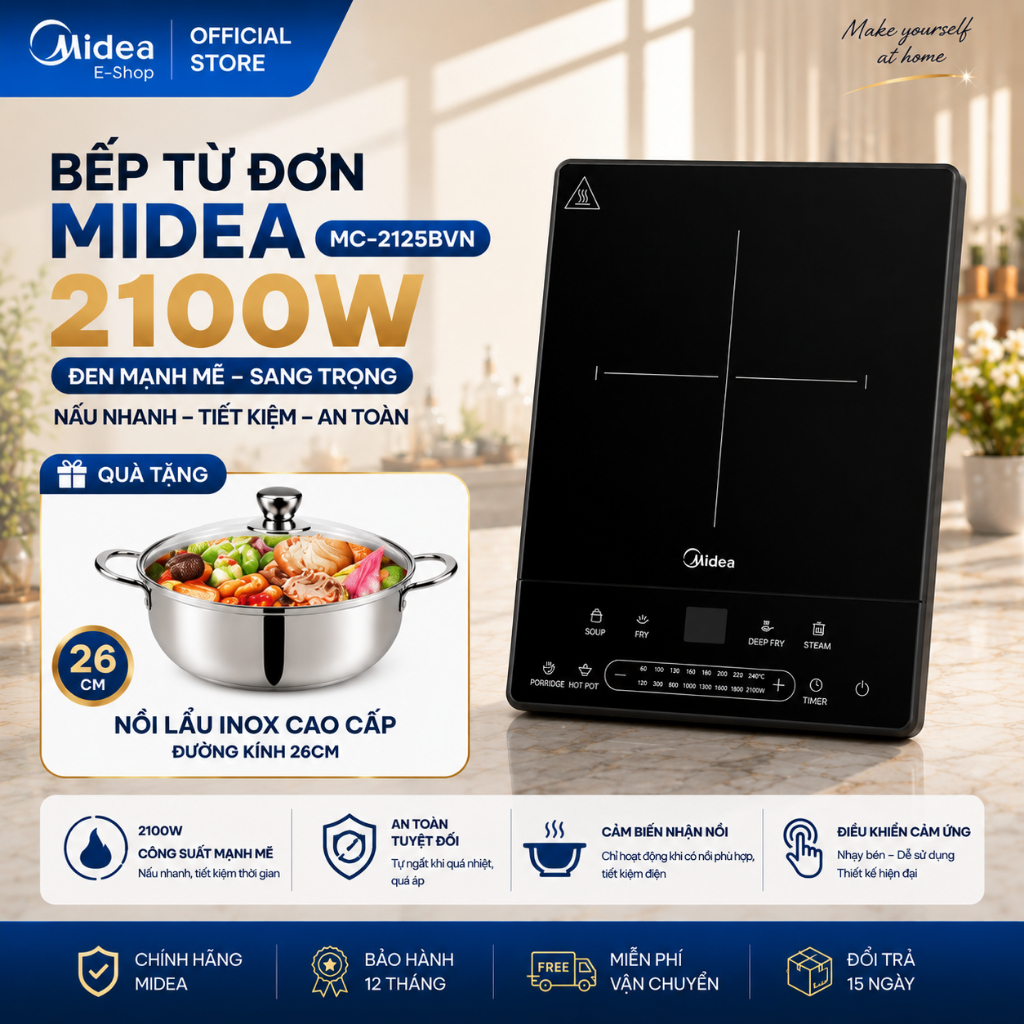 Bếp Từ Đơn Midea MC-2125BVN 2100W Có Sôi Liu Riu | Mâm Nhiệt Kép | Hẹn Giờ 3 Tiếng