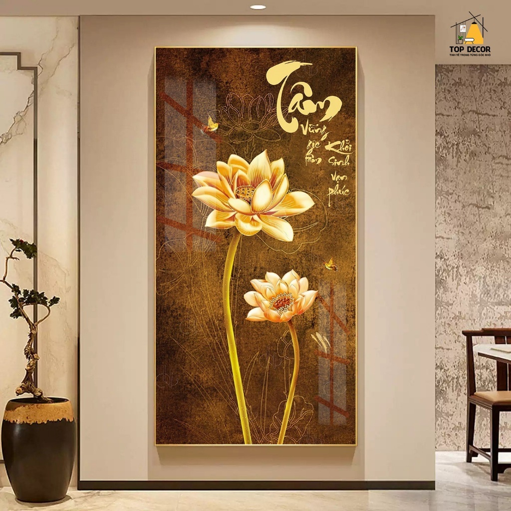 Tranh Tráng Gương Hoa Sen Thư Pháp Treo Phòng Khách, Phòng Ngủ, Phòng Làm Việc - Top Decor