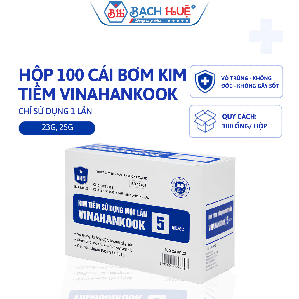 Hộp 100 Cái Bơm Kim Tiêm Vinahankook 5ml (5cc) 23G/ 25G – xi lanh y tế dùng một lần kim 23g / 25g