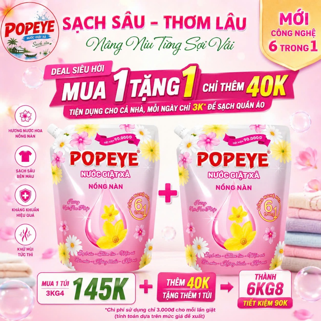 [Combo 2 Túi] Nước Giặt Xả POPEYE 6KG6 - Lưu Hương Bền Màu