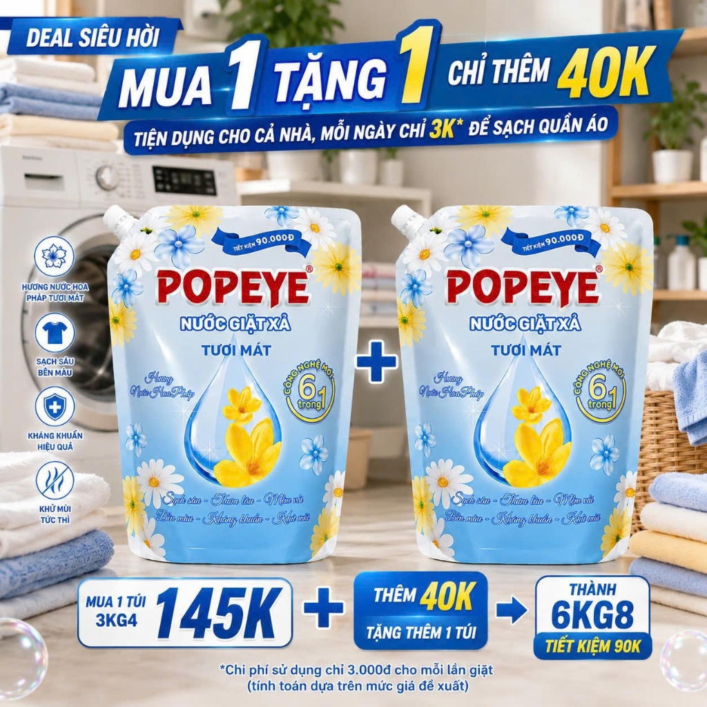 [Combo 2 Túi] Nước Giặt Xả POPEYE 6KG6 - Lưu Hương Bền Màu